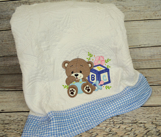 Baby Boy Bear with ABC Block Heirloom Baby Quilt