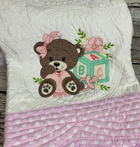 Girly Bear with ABC Block Heirloom Baby Quilt
