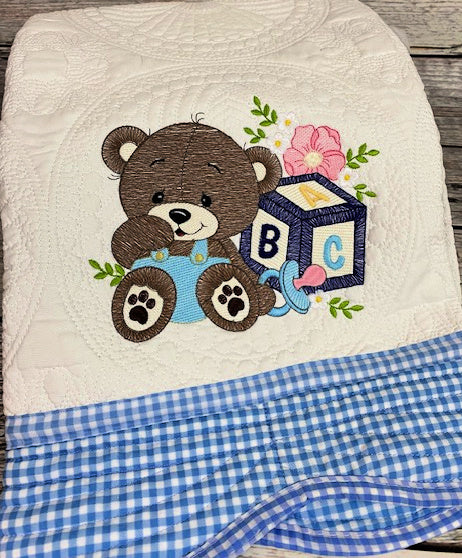 Baby Boy Bear with ABC Block Heirloom Baby Quilt